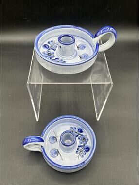 Tonala Mexico Chamberstick Taper Candle Holder Pottery Floral Signed, Pair